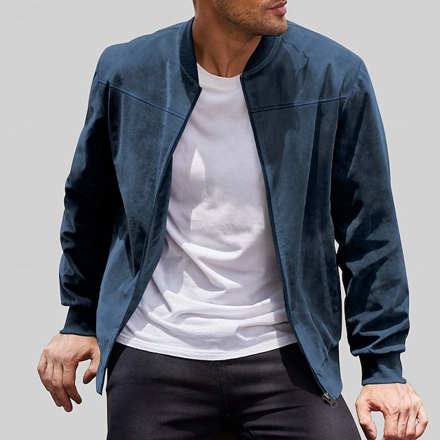Men's Bomber Jacket Transition Jacket Going out Pocket All Seasons Plain Casual Stand Collar Regular Black Brown Army Green Dark Blue Light Blue Jacket 23