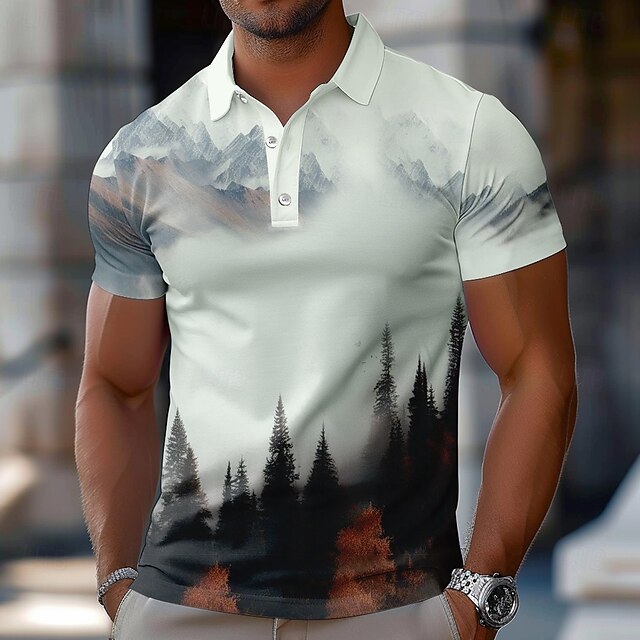 Men's Tree Mountain Polo Short Sleeve Polo Shirts Collared Shirts Casual School Outdoor Daily Wear 3D Print Summer White4