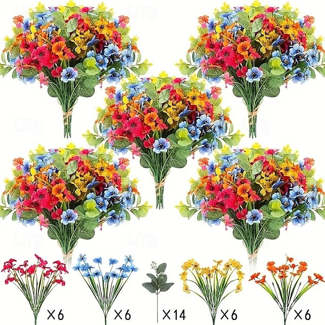  38 bunter kunstige blomster til utendørs bruk, imitert vårgressfiolett, silketrykte vannplanter, eukalyptusblader, UV-bestandig for hage, veranda, terrassedekor