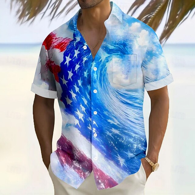 Independence Day Men's American US Flag Patriotic Shirt Summer Shirt Button Up Shirt Short Sleeve Fashion Casual Holiday Summer Turndown 3D Print Front One Pocket Linen Like Shirt Blue4