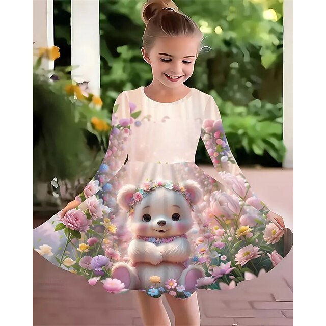 Girls' 3D Floral Animal Dress Long Sleeve Summer Spring Vacation Daily Holiday Princess Beautiful Sweet Kids 4-12 Years Casual Dress A Line Dress Knee-length Regular Fit2