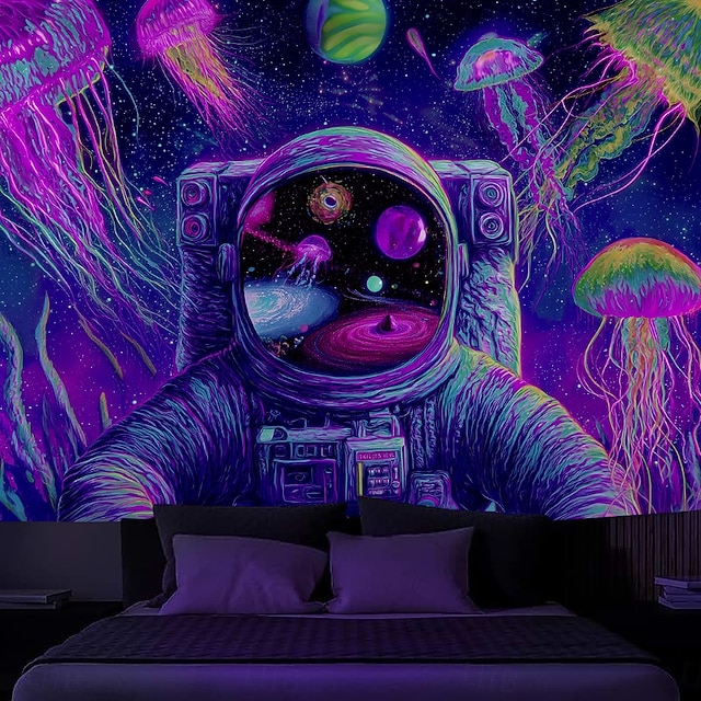  Blacklight Tapestry Glow in the Dark Glow Party UV Reactive Astronaut Trippy Misty Hanging Tapestry Wall Art Mural for Living Room Bedroom