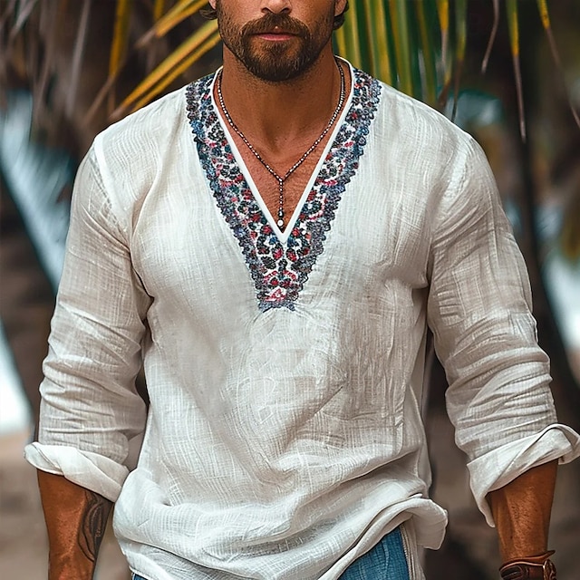  Voor heren Overhemd Linnen overhemd Popover-shirt Zomer overhemd Strand Kleding retro-overhemden Effen Kleur Vakantie Feestdagen Wit Lange mouw V-hals Zomer Lente Kleding Kwastje