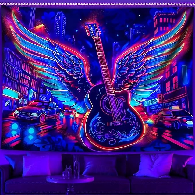  Schwarzlicht Wandteppich Leuchtet im Dunkeln Glow Party UV Reaktiv Cyber Gitarre Trippy Nebel Moderne Stadtansicht Hängender Wandteppich Wandkunst Wandmalerei für Wohnzimmer Schlafzimmer