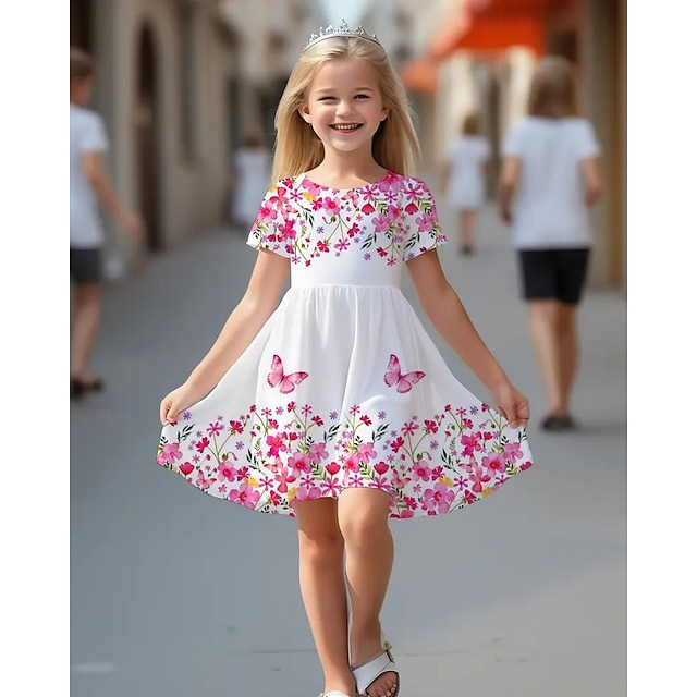  ragazze' 3D Floreale Farfalla Abito Manica Corta Estate Primavera Vacanza Quotidiano Ferie Principessa Bello Dolce Bambini 4-12 Anni Vestito Casual Abito a trapezio Lunghezza al ginocchio Vestibilit