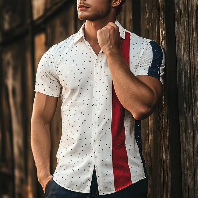 Bastille Day Men's Polka Dot Patriotic French Flag Shirt Guayabera Shirt Button Up Shirt Short Sleeve Fashion Casual Holiday Summer Spring Turndown 3D Print Collared Shirts White4