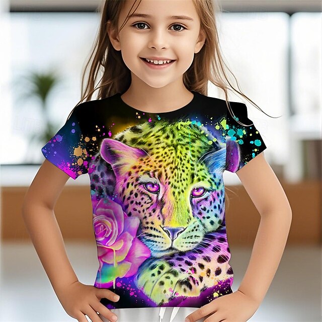 Neon Rainbow Leopard by Sheena Pike Girls' 3D Animal Leopard T shirt Tee Short Sleeve Summer Spring Fashion Basic Kids 4-12 Years Crew Neck Outdoor Casual Daily Regular Fit4