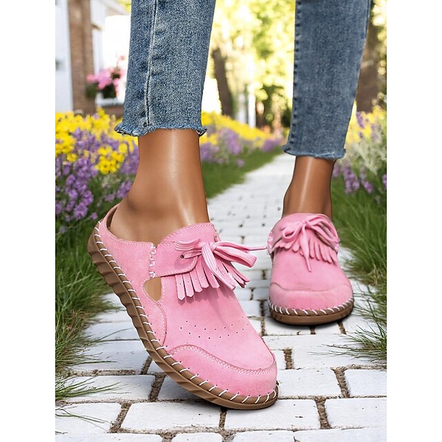  Dammockasiner med mjuk sula – rosa loafers med fransar, lätt slip-on-design med utskärningar, perfekt för trädgårdspromenader och avslappnade utflykter