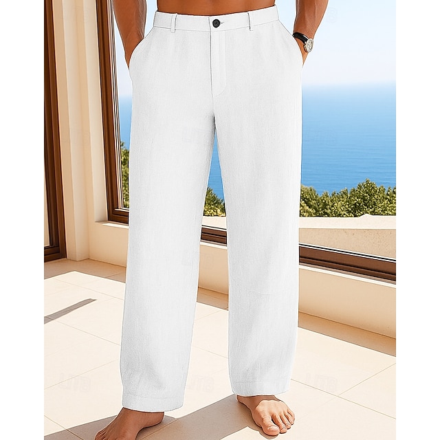  Herren Leinenhosen Hose Sommerhose Strandhose Knöpfe Tasche Einfach Komfort Atmungsaktiv Urlaub Täglich Ferien Hawaiianisch Boho Schwarz Weiß