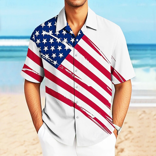  Independence Day Voor heren Amerikaanse Amerikaanse vlag Vaderlandslievend Overhemd Normaal shirt Cubaans overhemd Korte mouw Militray van het leger Feestdagen Streetwear Zomer Lente Opstaand