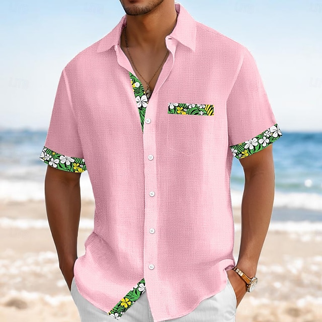  Herre Skjorte Linned skjorte Sommer skjorte Strand Tøj Button Up skjorte Helfarve Ferierejse Curise Sort Hvid Lyserød Grøn Kortærmet Krave Sommer Forår sommer Tøj Farveblok