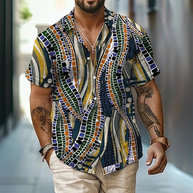  Hombre Geométrico Ética / Africana Camisa Abotonar la camisa Manga Corta retro de la vendimia Vacaciones Uso Diario Ropa de playa Verano Primavera Cuello Vuelto Impresión 3D Camisa tipo lino Azul