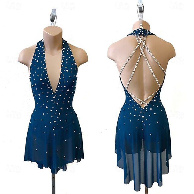 Figure Skating Dress Women's Girls' Ice Skating Dress Lake Blue Patchwork Open Back Mesh High Elasticity Training Competition Skating Wear Classic Crystal / Rhinestone Sleeveless Ice Skating Figure4
