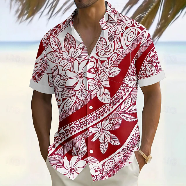 Men's Floral Print Tropical Flowers Summer Hawaiian Shirt Button Up Shirt Aloha Shirt Short Sleeve Hawaiian Vacation Holiday Beach Wear Summer Turndown 3D Print Front One Pocket Linen Like Shirt Red4