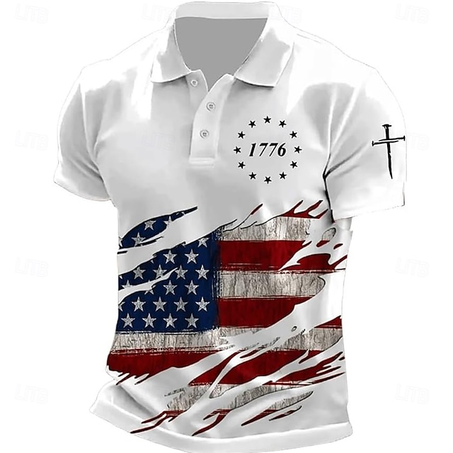  American Independence Day Men's American US Flag Polo Short Sleeve Polo Shirts Collared Shirts Casual Outdoor Daily Wear 3D Print Summer Black White Blue