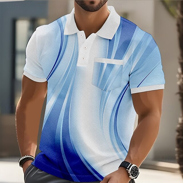 Men's Abstract Line Polo Short Sleeve Polo Shirts Collared Shirts Business Casual Outdoor Athleisure Daily Wear Buttons Pocket 3D Print Summer Blue4
