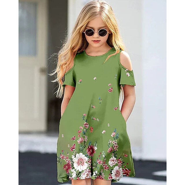 Girls' 3D Flower Dress Short Sleeve Summer Spring Vacation Daily Holiday Beautiful Sweet Kids 4-12 Years Casual Dress Knee-length Regular Fit4