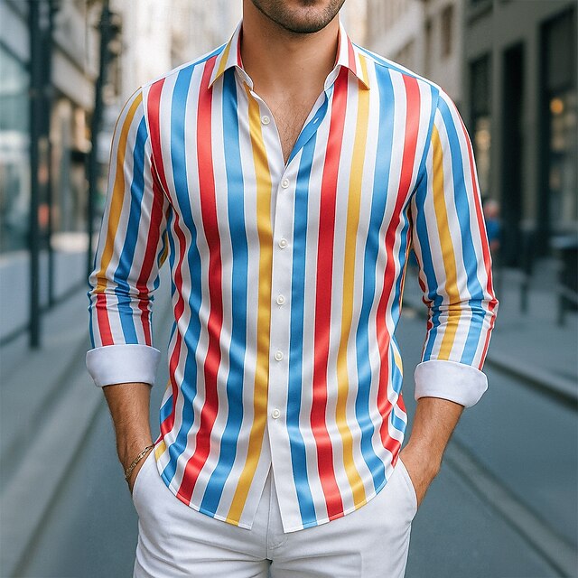 Men's Shirt Satin Shirt Striped Shirt Casual Shirt Button Up Shirt Striped Wedding Vacation Rainbow Long Sleeve Collar Spring &  Fall Clothing Apparel4
