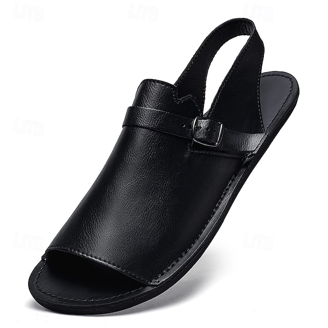  Men's Brown Faux Leather Slingback Sandals with Adjustable Buckle - Versatile Footwear for Outdoor and Casual Wear