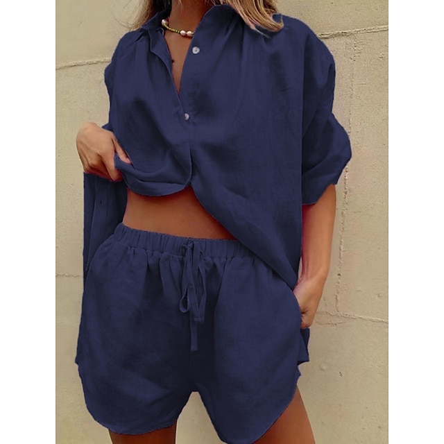  Femmes Actif Basique Ensembles en coton et lin Manche Courte Col de chemise Couleur Unie Décontracté Quotidien Vert Véronèse bleu marine Vert foncé Été Coupe régulière