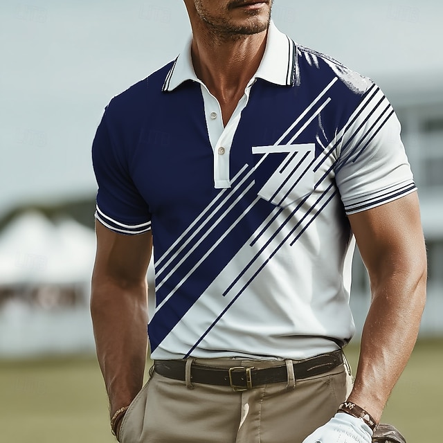  Homme Géométrique Ligne Polo Manche Courte Polos Chemises à Col Vêtement décontracté de travaile Affaires Avec Poches Impression 3D Boutons Été Noir Vert foncé Bleu de minuit