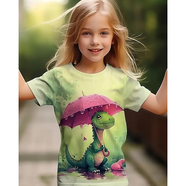  Tyttöjen 3D Dinosaurus T-paita Lyhythihainen Kesä Kevät Muoti Perus Lapset 4-12 vuotta Tiukka pyöreä kaula-aukko ulko- Kausaliteetti Päivittäin Normaali