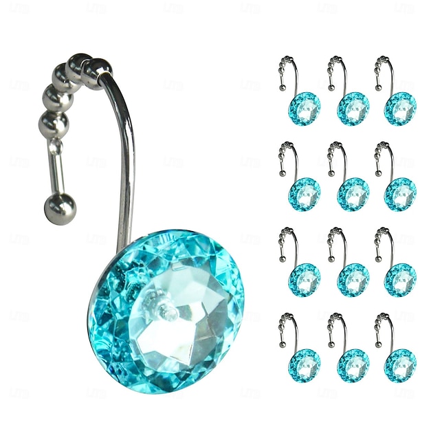  12 db Zuhanyfüggöny Horog Luxus Design Kerek türkizkék Gyémánt Kristály Csepp mely Csúszkáló Golyozókkal Van Ellátva Hableány Zuhanyfüggönyhöz Rozsdamentes Fém Ragyogó Zuhanyfüggöny Gyűrűk