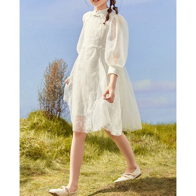  Kids Girls' Dress Solid Color Long Sleeve Outdoor Ruched Mesh Adorable Nylon Knee-length Casual Dress Summer 4 years+ Beige