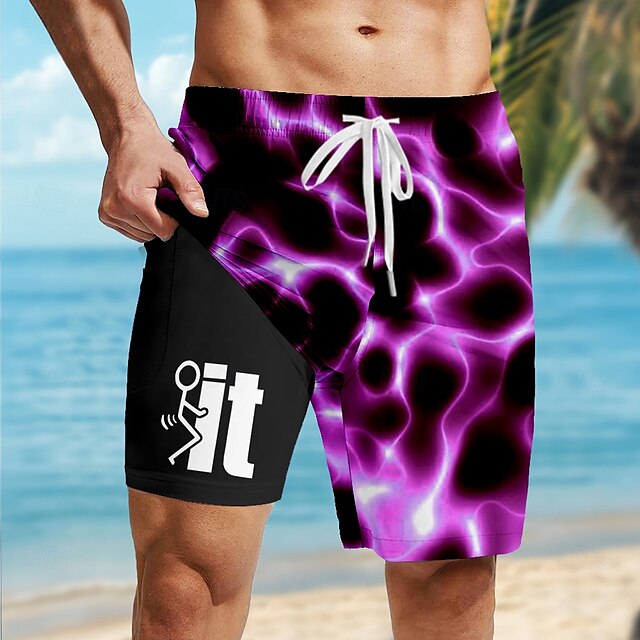  Herre Geometrisk Linjeret / bølget Neon Forede shorts 2 i 1 svømmeshorts Badeshorts Medium Talje Hawaiiansk Ferie Sidelommer Med kompressionsforing Elastisk snøre i taljen Designer Tøj