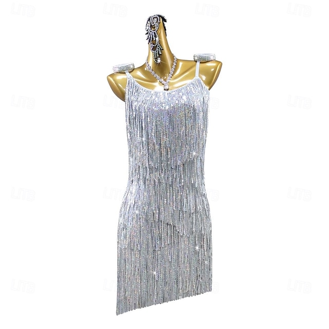  Robe de danse latine salsa à paillettes et pompons pour femme, tenue de soirée rumba chacha, sans manches