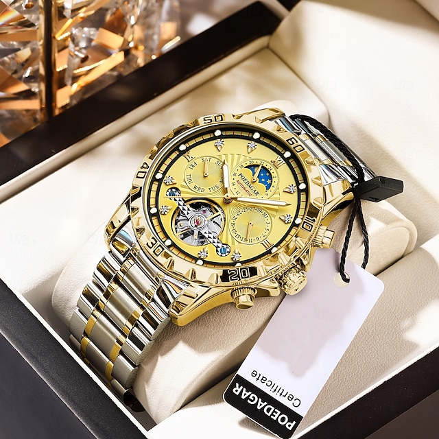  Reloj de lujo con tourbillon hueco para hombre, resistente al agua, luminoso, mecánico, automático, con fecha y semana, de acero inoxidable.