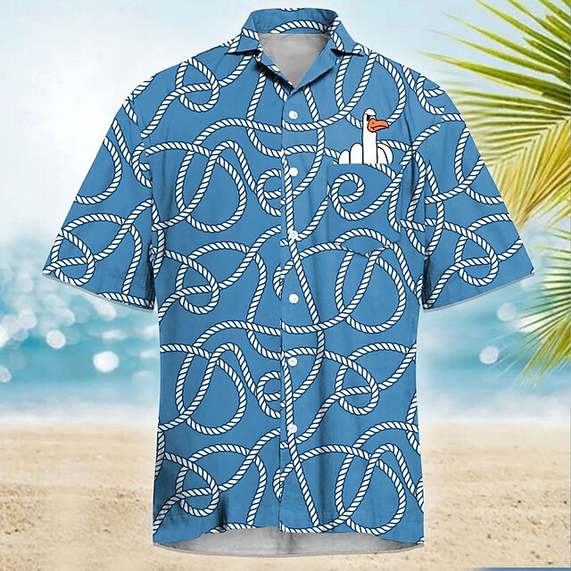 Men's Geometric Funny Duck Cuban Collar Shirt Summer Hawaiian Shirt Aloha Shirt Short Sleeve Hawaiian Vacation Holiday Beach Wear Summer Spring Camp Collar Shirt 3D Print Front One Pocket Blue4