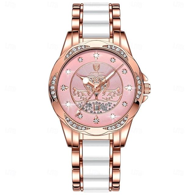  Orologio al quarzo da donna in oro rosa – quadrante retrò impermeabile con diamanti e lancette luminose, cinturino in acciaio inossidabile