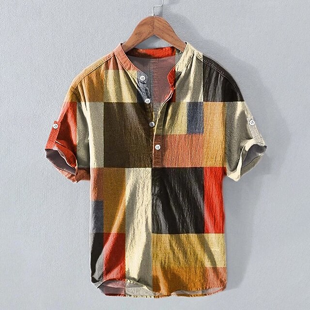 Men's Linen Shirt Popover Shirt Henley Shirt Retro Shirts Vintage Shirt Ethnic Shirt Color Block Vacation Casual Multi Color Short Sleeve Mandarin Collar Summer Spring Clothing Apparel4