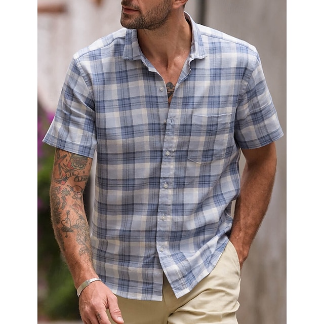  Men's Shirt Linen Shirt Summer Shirt Dress Shirt Plaid Shirt Button Up Shirt Plaid Casual Daily Wear Blue Short Sleeve Turndown Summer Clothing Apparel Front Pocket
