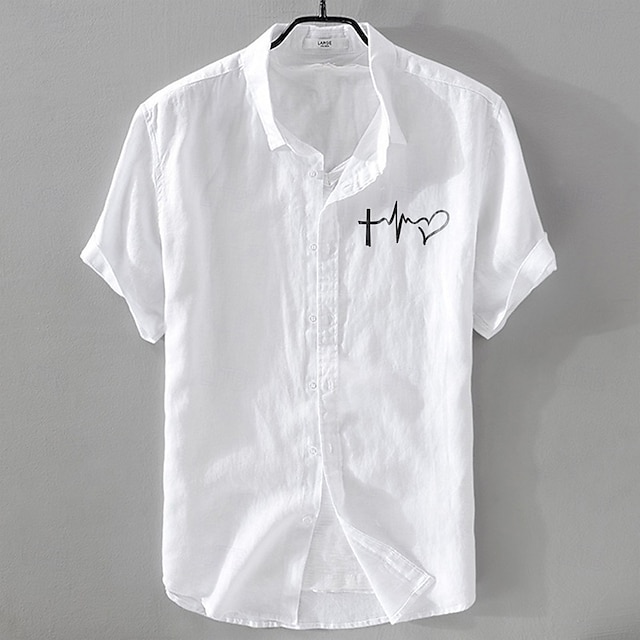  Herren Leinenhemd Freizeithemd Baumwoll-Leinen-Hemd Knopfhemd Muster Urlaub Straße Weiß Dunkelmarine Himmelblau Khaki Kurzarm Revers Sommer Bekleidung Schnalle