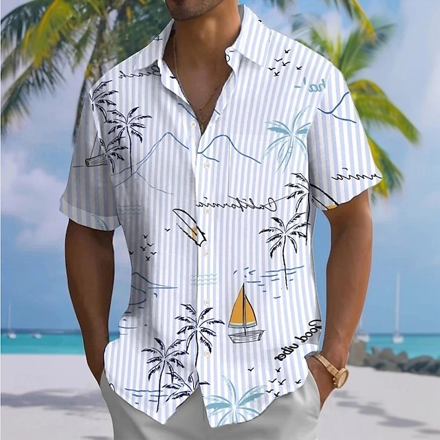  Herre Kokos palme Stribet Tropiske Planter Hawaii skjorte Button Up skjorte Aloha skjorte Kortærmet Hawaiiansk Ferie Strand Tøj Sommer Forår Aftæpning 3D-udskrivning krave skjorter Forreste en lomme