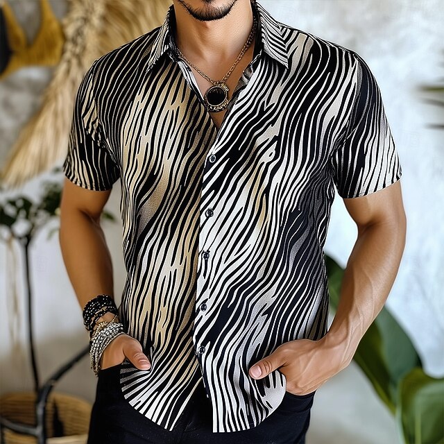Men's Geometric Striped Shirt Summer Shirt Button Up Shirt Short Sleeve Fashion Casual Outdoor Vacation Dailywear Summer Spring Turndown 3D Print Collared Shirts Black4