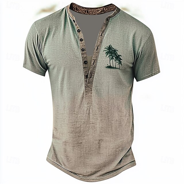Men's Palm Tree Ethnic T Shirt Henley Shirt Tee Short Sleeve Designer Basic Ethnic Outdoor Casual Daily Summer Khaki Henley Henley T-Shirt4