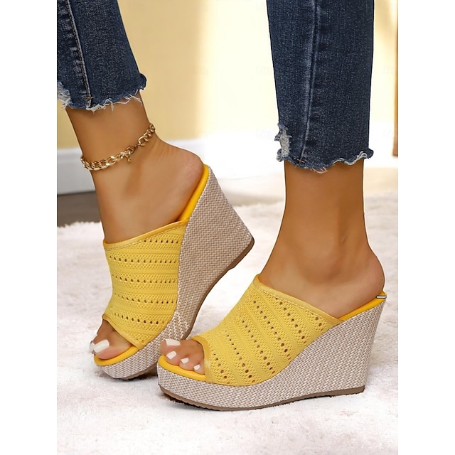  Gelbe Häkel-Sandalen mit Keilabsatz für Damen – offene Espadrille-Plateauschuhe für den Sommer für Strandurlaube, Freizeitausflüge und Urlaubskleidung