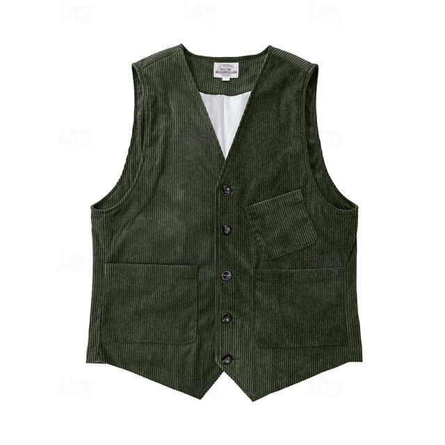  Herren Weste Gilet Urlaub Party Geschäft Mode Lässig Frühling Herbst Knöpfe Tasche Polyester Cordstoff Bequem Einfarbig Einreihig Ein-Knopf V Ausschnitt Normale Passform Dunkelbraun Schwarz Wein