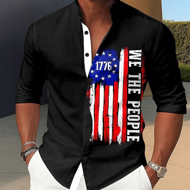  Independence Day Men's US Flag Patriotic 1776 Shirt Stand Collar Shirt Casual Dress Shirt Long Sleeve Casual Holiday Summer Spring Mandarin Collar Band Collar 3D Print Button Up Shirts White Red Dark