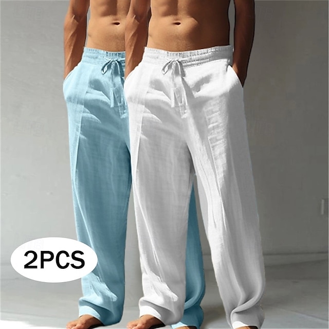  Homens Calças de linho Calças Calça verão Calças largas Calças de praia Com Cordão Cintura elástica Perna reta Tecido Conforto Respirável Comprimento total Casual Diário Feriado Férias Estilo Clássico