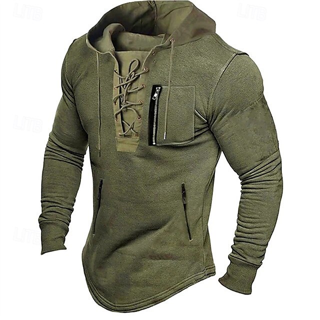  Herren T Shirt T-Shirt Langarmshirt Langarm Mit Kapuze Frühling Herbst Einfach Mode Designer Basic Schnürung Urlaub Straße Ausgehen Schwarz Hellgrau Braun Top T-Shirt für Herren