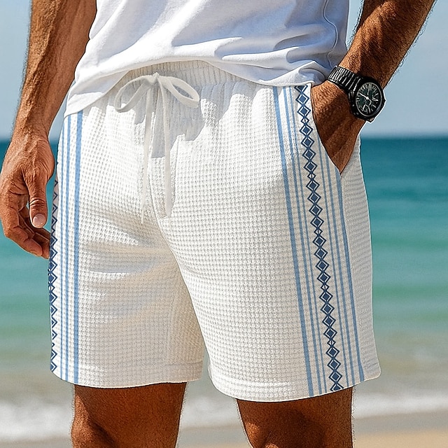  Homens Geométrica Riscas losango Calções Waffle Shorts de moletom Shorts casuais Cintura Média Moda Casual Férias Corrida Dar certo Cintura elástica com cordão Shorts com bolsos Designer Roupa