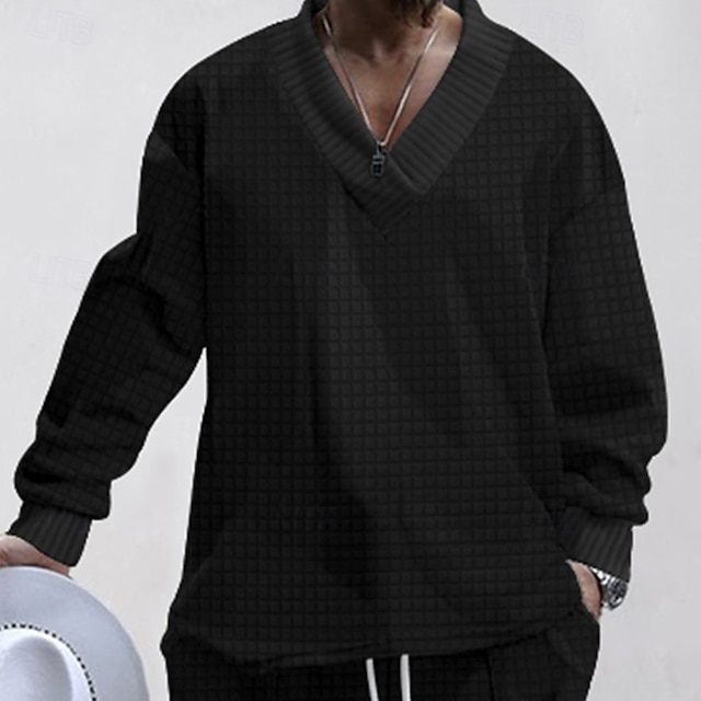  Herr Våffeltröja Svart Vit Kaki Ljusgrå Mörkgrå V-hals Slät Förstoringar Ledigt Dagligen Helgdag Streetwear Häftig Ledigt Vår & Höst Kläder Pull Tröjor