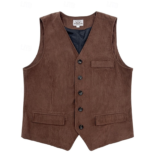  Hombre Chaleco Vacaciones Fiesta Negocio Moda Casual Primavera Otoño Botones Bolsillo Poliéster Pana Cómodo Color sólido Recto 1 botón Escote en Pico Ajuste regular Marrón Oscuro Negro Azul Marino