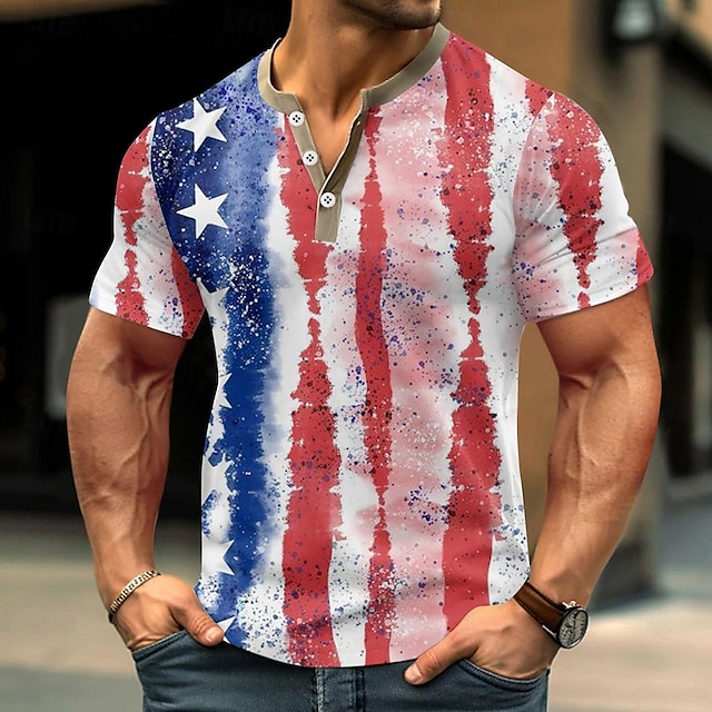  Homens Dia da Independência Americana Bandeira Camiseta Camisa Henley Manga Curta Designer Retro Vintage Casual Rua Casual Diário Verão Primavera Branco Henley Camiseta Henley