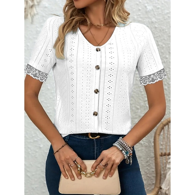 Camicia da donna in pizzo, stile bohémien, tinta unita, elegante, a maniche corte, con scollo a V, maglietta estiva, vestibilità normale, maglietta da spiaggia, tunica da donna, taglie S-XXL, Azzurro