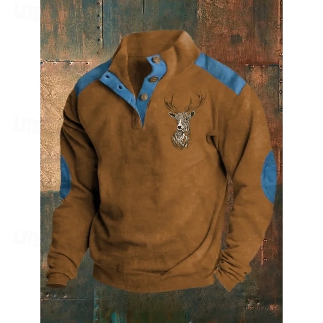  Herre Sweatshirt Sort Navyblå Brun Kakifarvet Stående krave Grafisk Rensdyr Trykt mønster Daglig Ferie I-byen-tøj Polyester Årgang Gade Afslappet Efterår Vinter Tøj Hættetrøjer Sweatshirts Langærmet